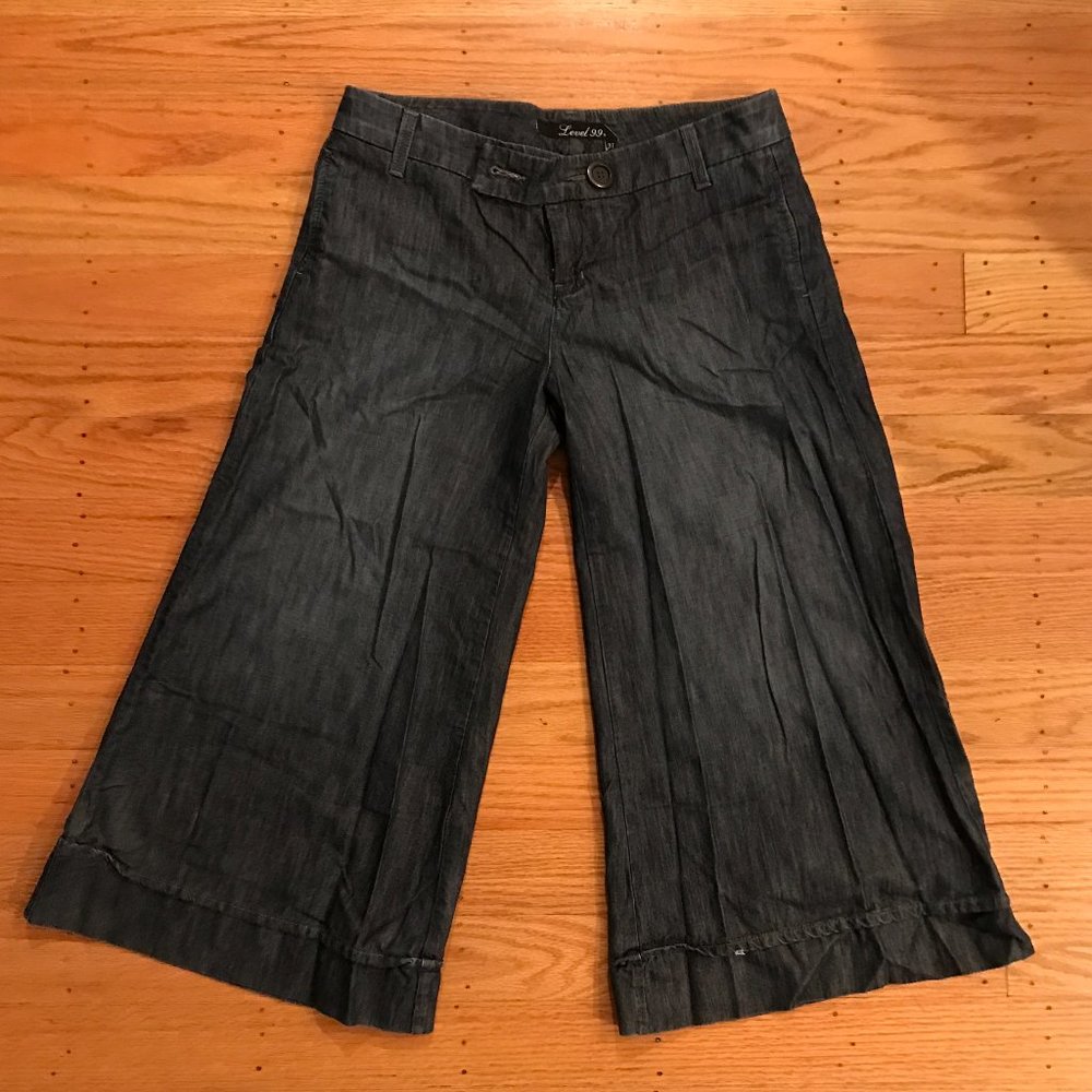 Level 99 Wide Leg Dark Denim Blue Gaucho Culottes Anthropologie 31 - Picture 1 of 8